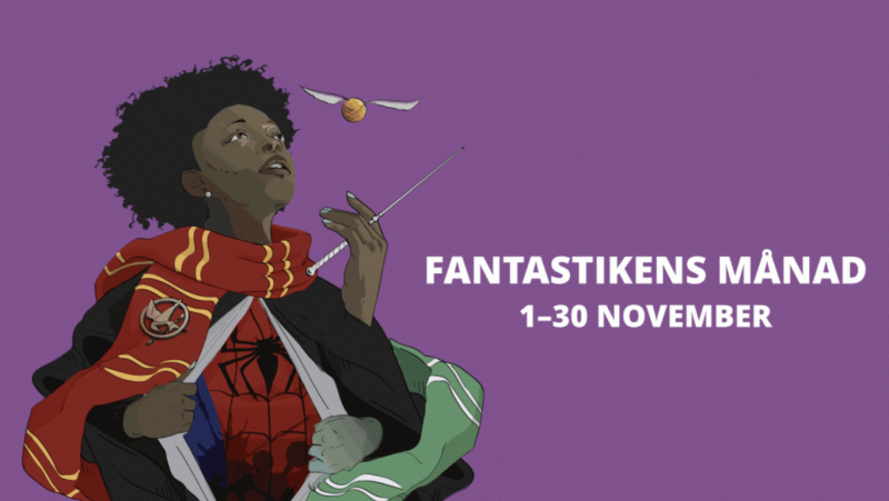 En animerad bild av en tjej som tittar på en flygande varelse. Bredvid henne står texten Fantastikens månad 1-30 november.