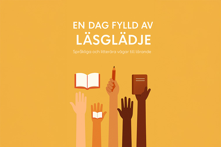 Bild på texten "En dag fyld av läsglädje" och flera händer i luften.