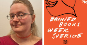 Linda Sällström och affisch för Banned books week.